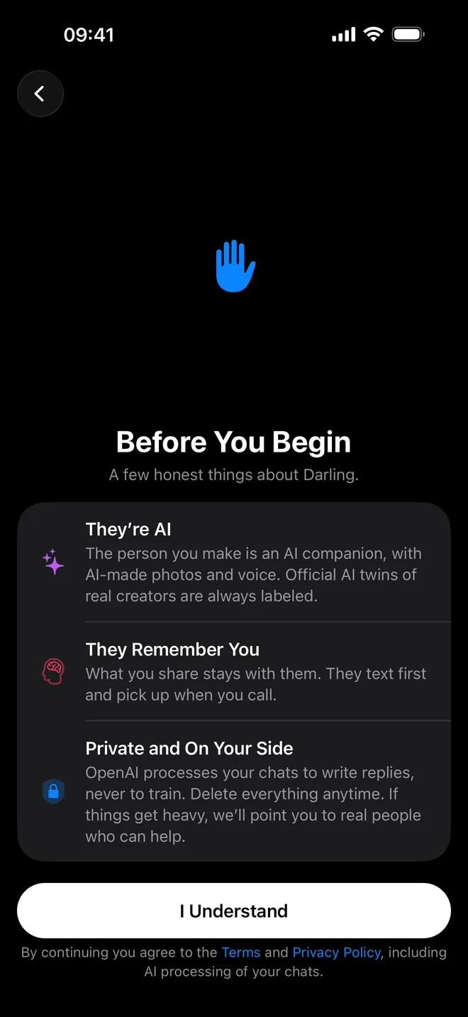Darling's welcome screen: They're AI, they remember you, and private and on your side