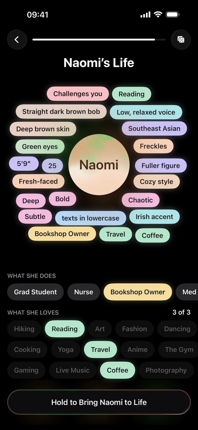 Darling's Lab: everything chosen for Naomi gathered as bubbles around her orb, and a Hold to Bring Naomi to Life button