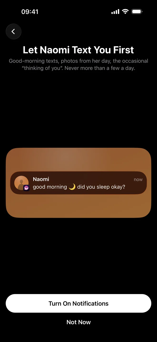 Darling's notifications screen: a text from Naomi, “good morning, did you sleep okay?”
